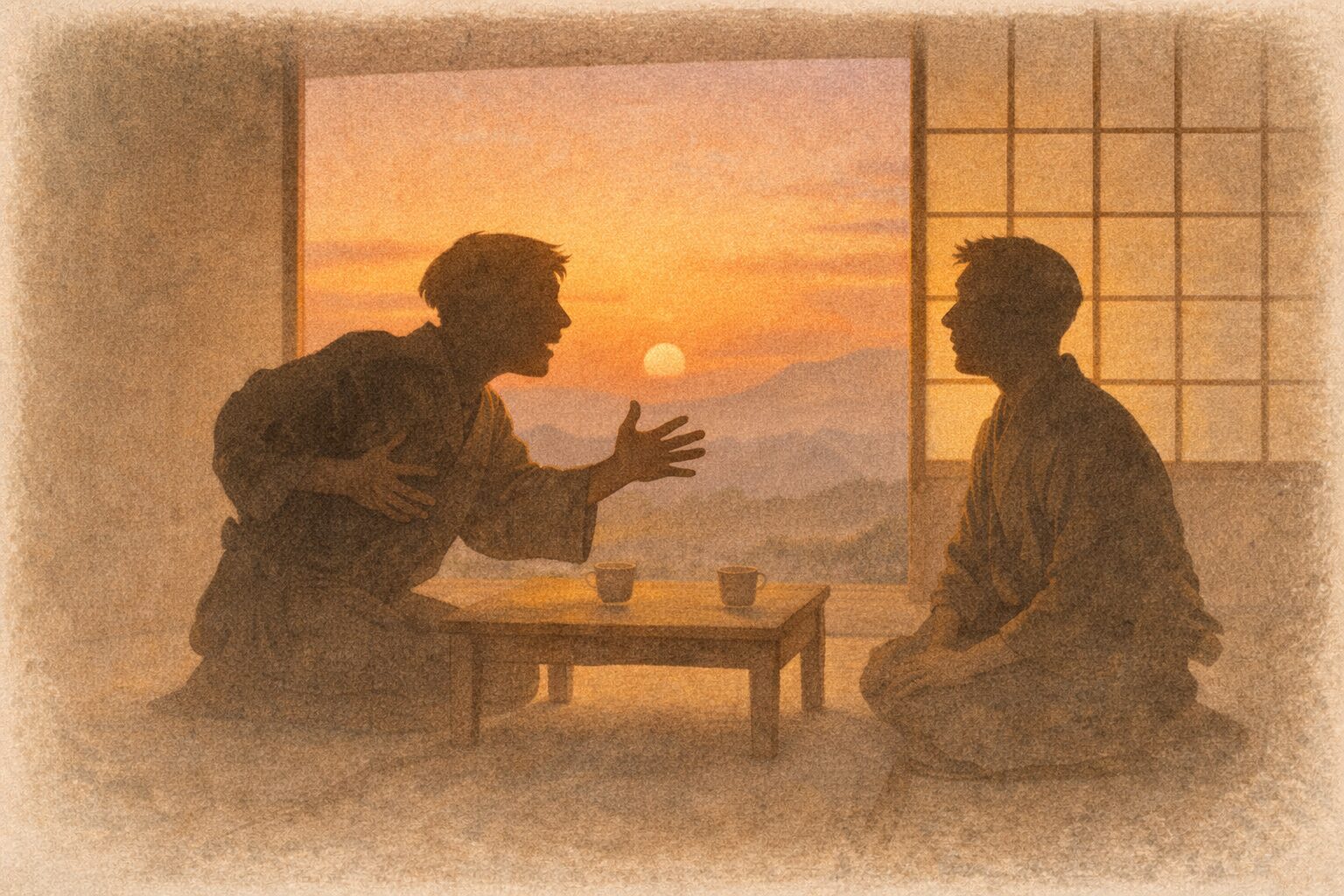 夕方の座敷で向かい合う二人のうち片方が勢いよく語りもう片方があきれつつ聞く一場面