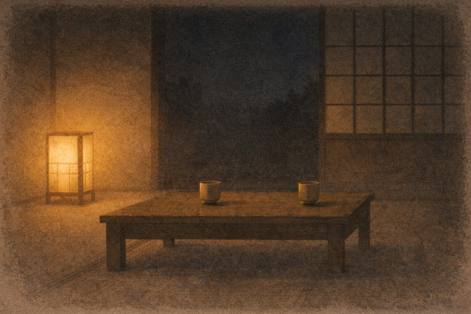 夜の座敷の低い卓に湯のみだけが少し離れて残り大ぼら話の余韻が漂う一場面