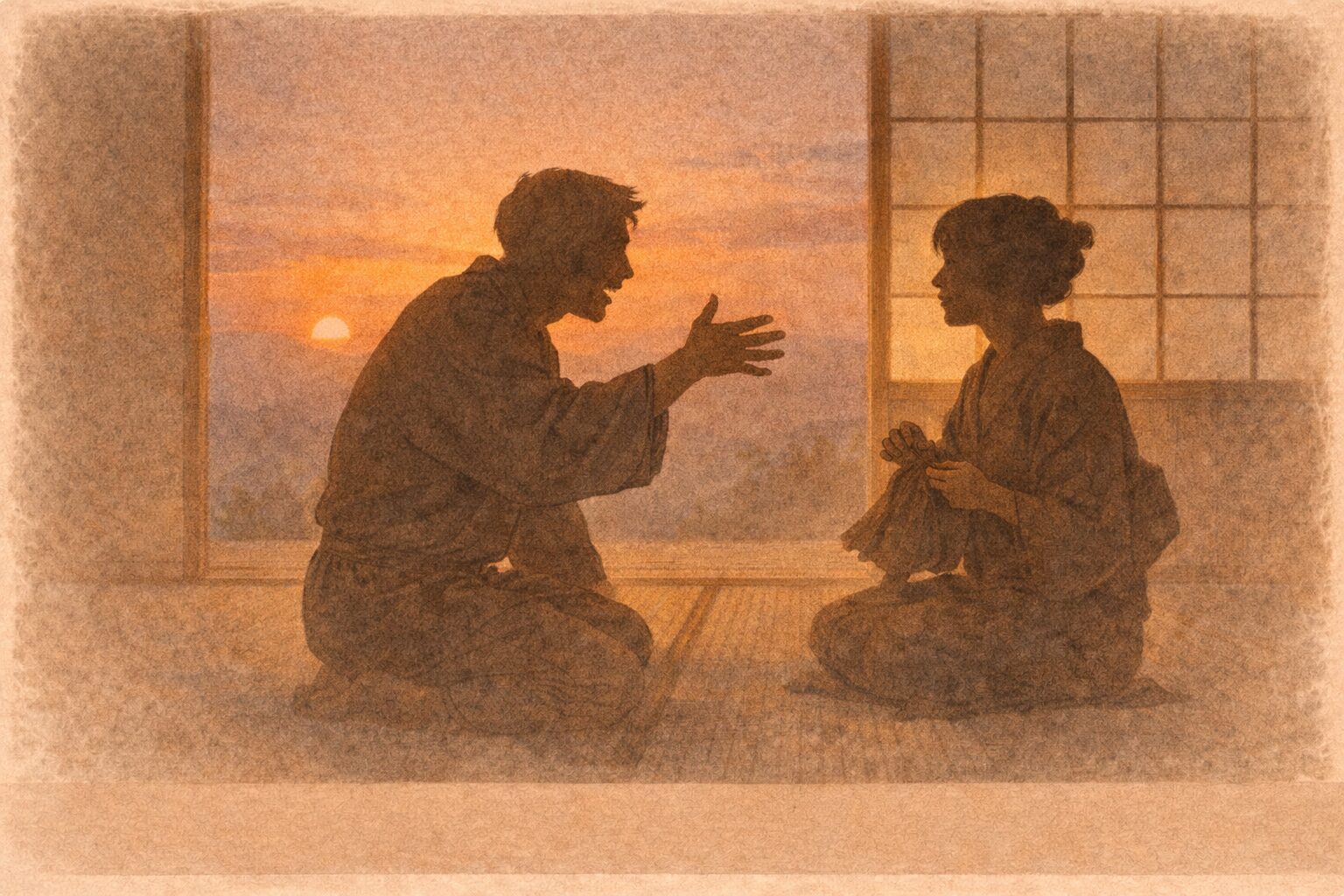 夕方の座敷で男とやきもち焼きの女房が向かい合い何かを言い立てている一場面