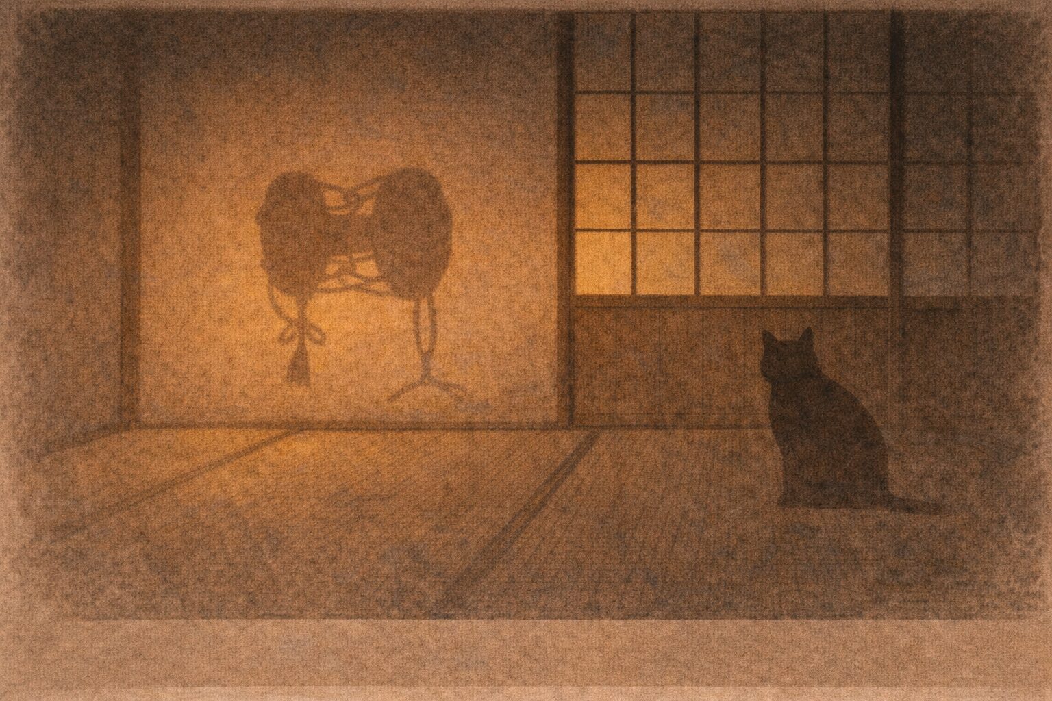 夜の座敷に鼓を思わせる丸い影と猫の気配だけが残る一場面