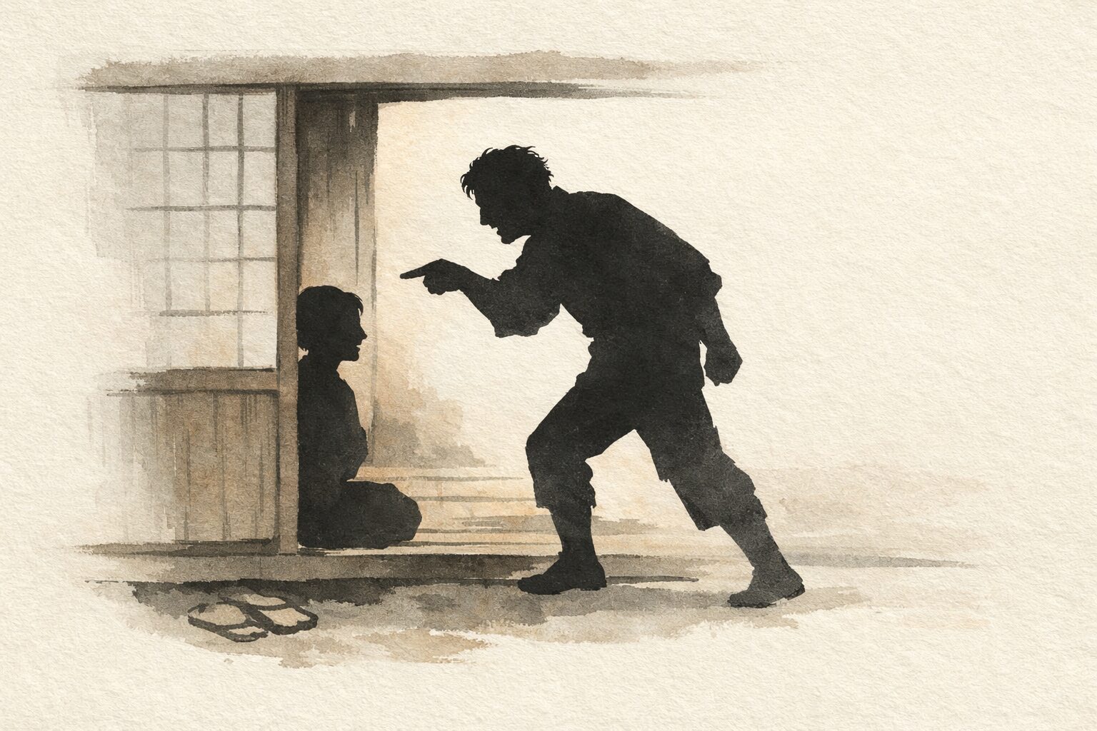 昼の長屋で血相を変えて帰った男が戸口で女房に刀を出せと告げる一場面