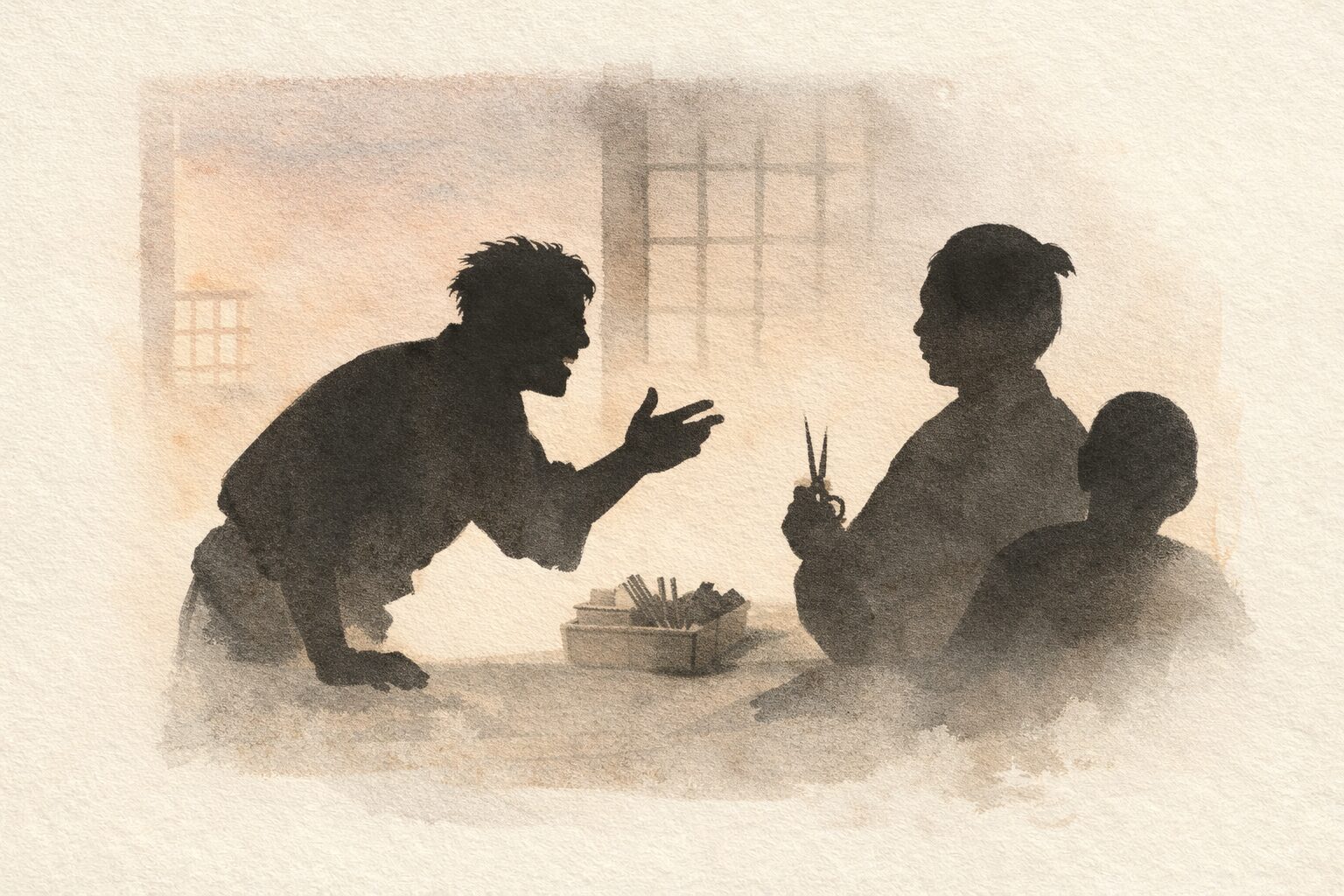 夕方の髪結い床で男が身を乗り出して噂話を語り親方が手を止めて聞く一場面