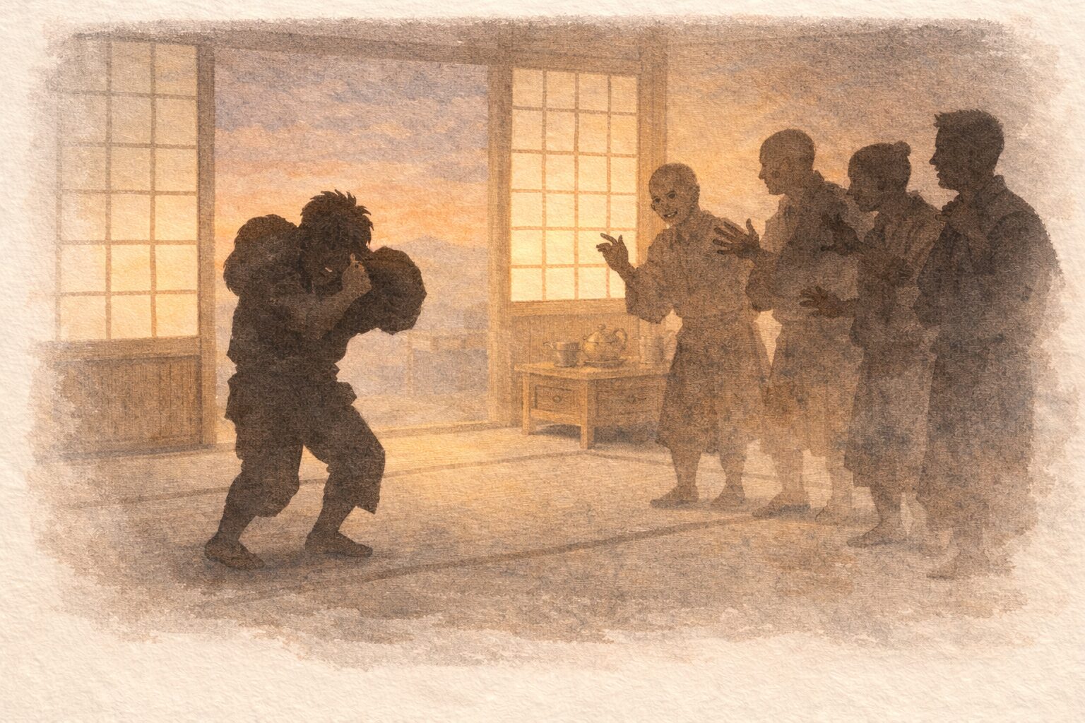 夕方の座敷で肩のこぶを押さえた男が困り果て周囲の人影がざわつく一場面
