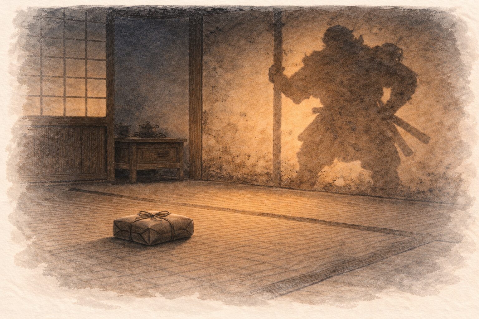 夜の座敷に昆布の包みと弁慶を思わせる大きな影の余韻だけが残る一場面