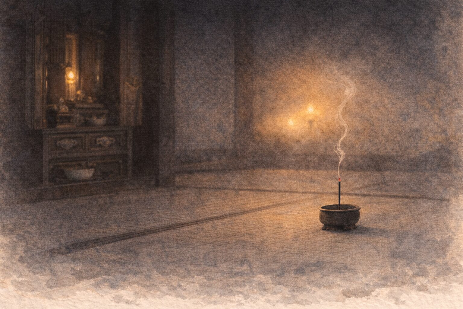 夜の仏壇の前で一本の線香の煙だけが細く立ち奥から三味線の余韻が漂う一場面