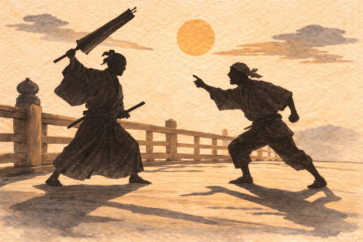 昼の橋詰で傘を振り上げた侍に職人が食ってかかる一場面