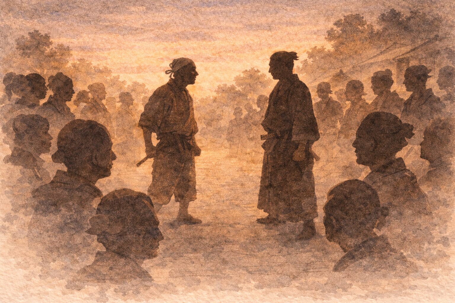 夕方の道端で野次馬に囲まれた職人と侍がにらみ合う一場面