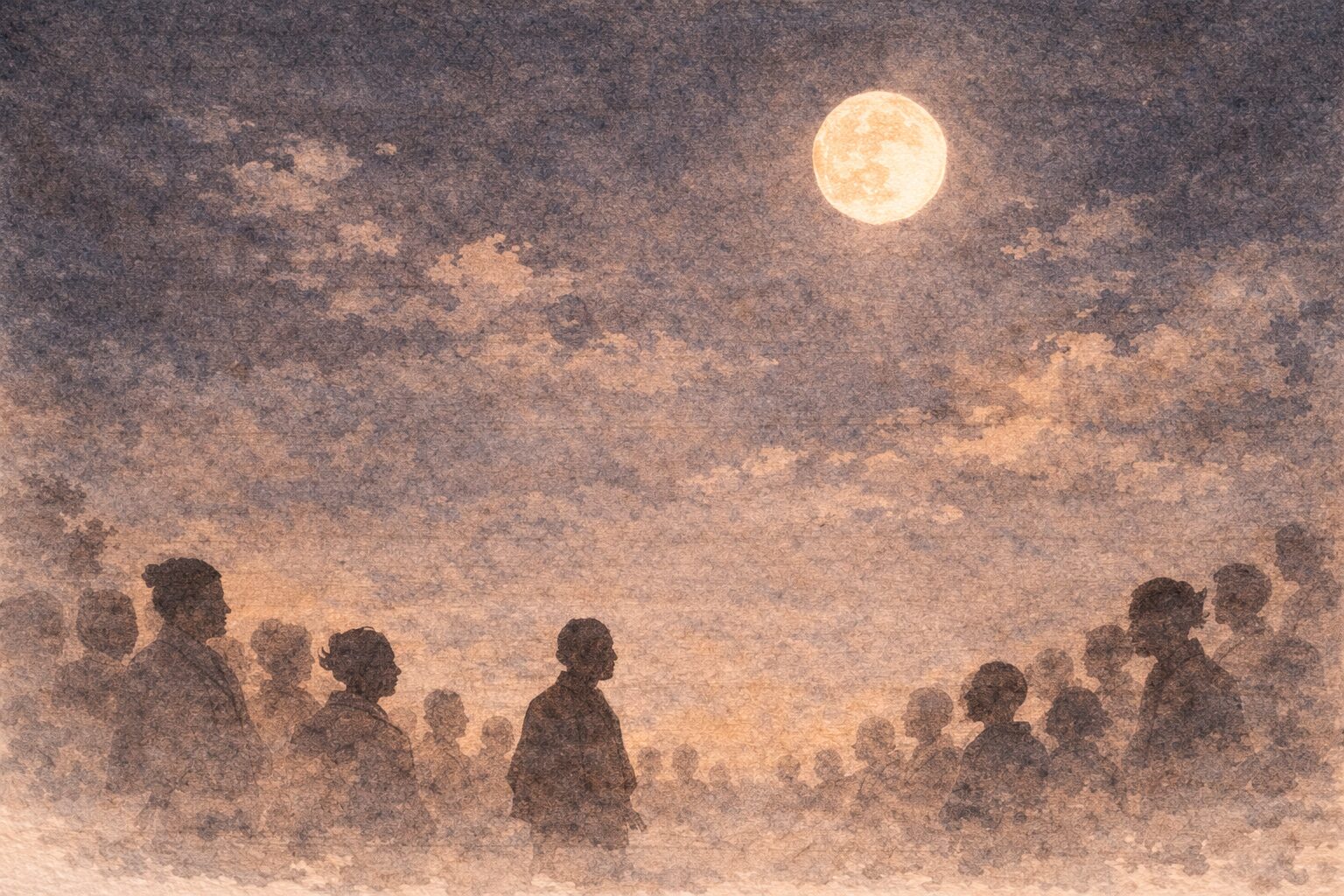 夜空を見上げる人々の気配と月だけが残る花火帰りの一場面