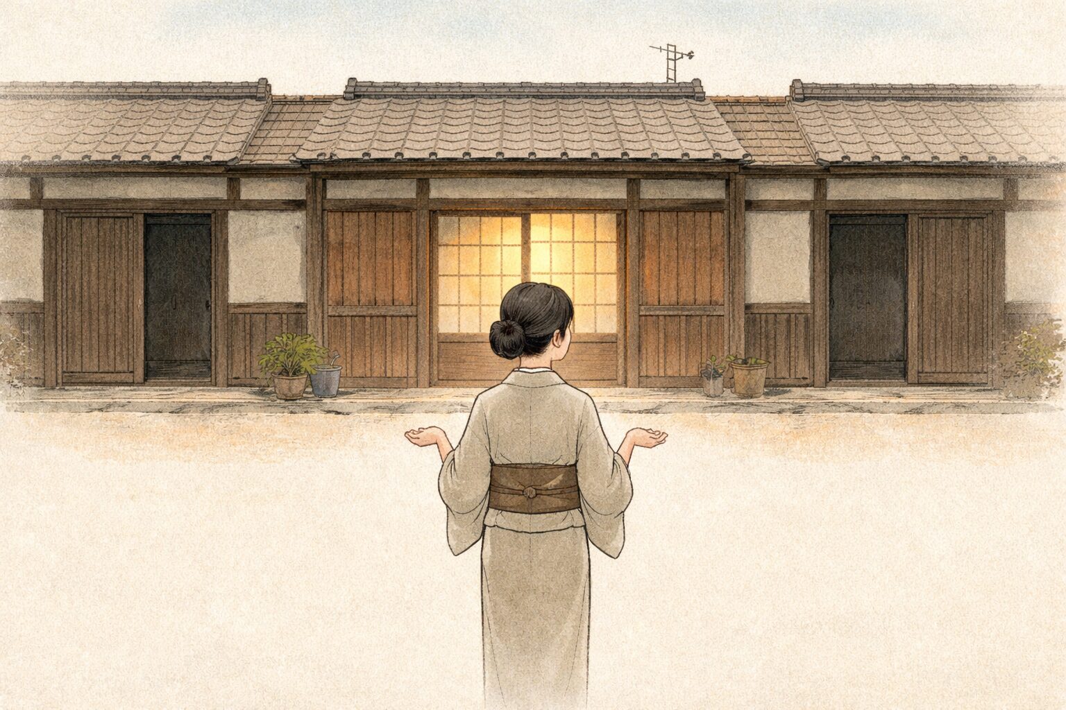 昼の三軒続きの長屋を前に真ん中の女が困った顔で両隣を見比べる一場面