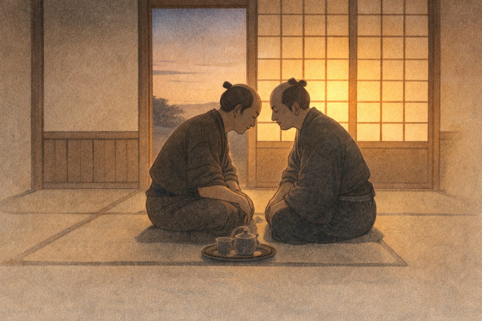 夕方の座敷で鳶頭と剣術師匠が顔を寄せて立ち退き話の相談をしている一場面