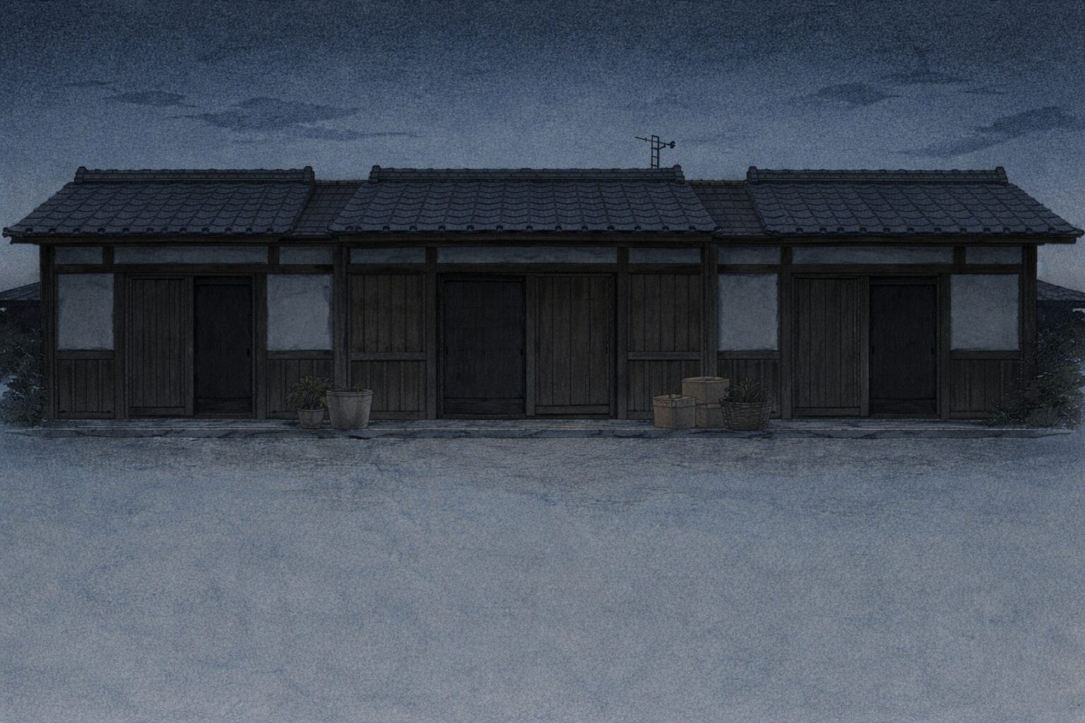 夜の三軒長屋の戸口が入れ替わる気配だけを残して静まり返る一場面 
