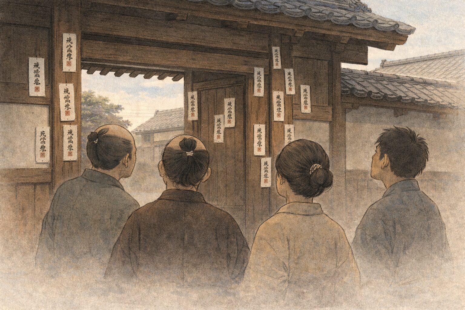 昼の武家屋敷の門口で家中にお札が貼られ人々が不安げに見上げる一場面