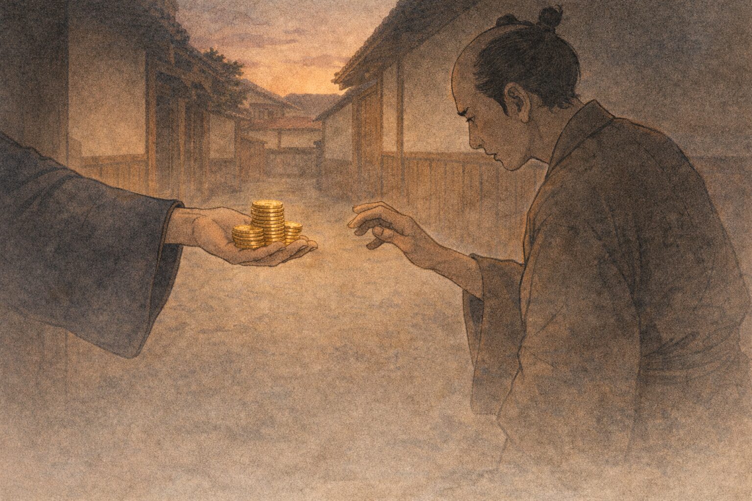 夕方の路地で金を差し出されためらいながらも男が手を伸ばす一場面