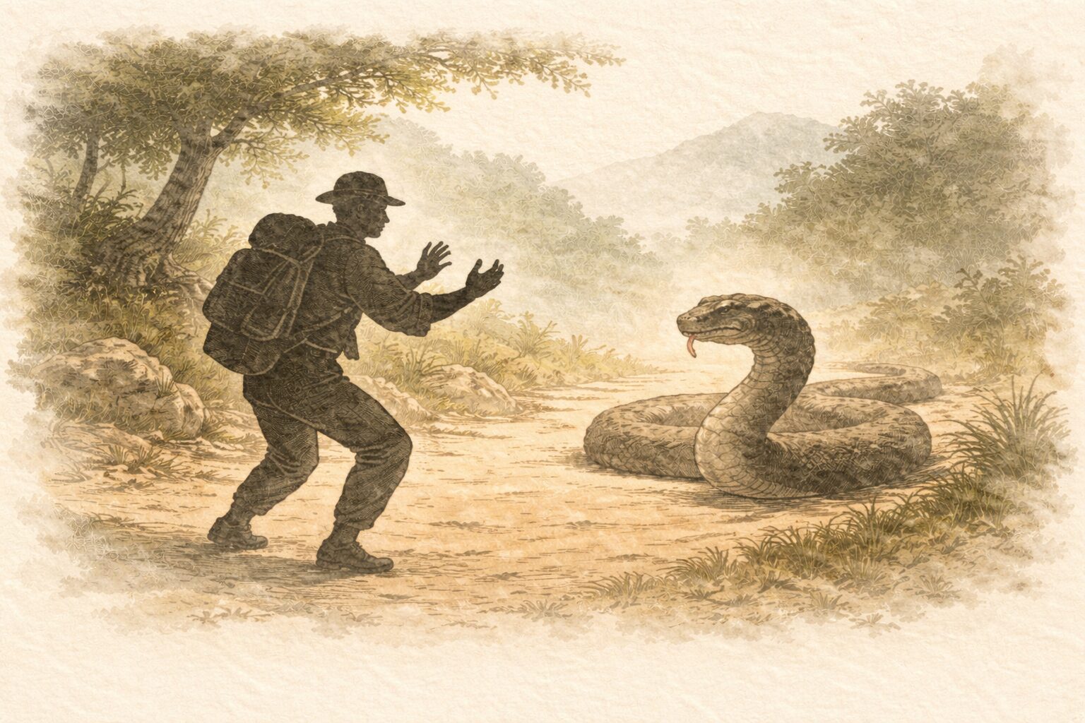 昼の山道で大蛇を前にした男が必死に身ぶりで言い逃れをする一場面