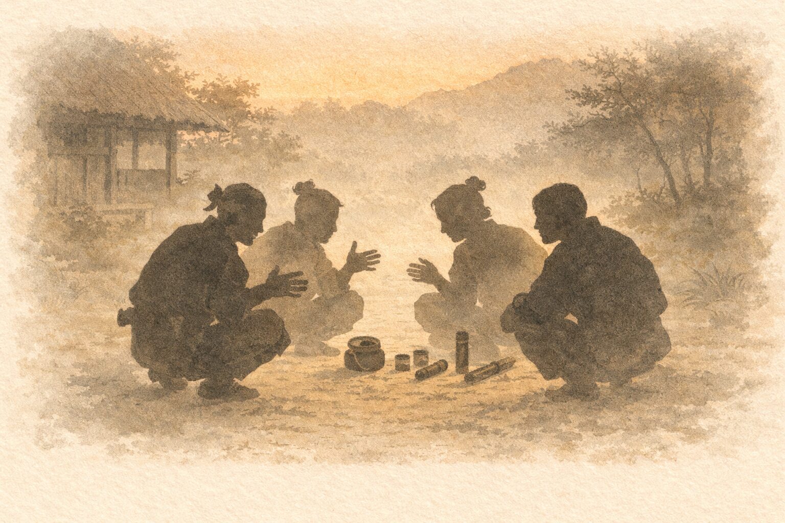 夕方の村はずれで人々が集まり煙草のヤニを用意して作戦を立てる一場面