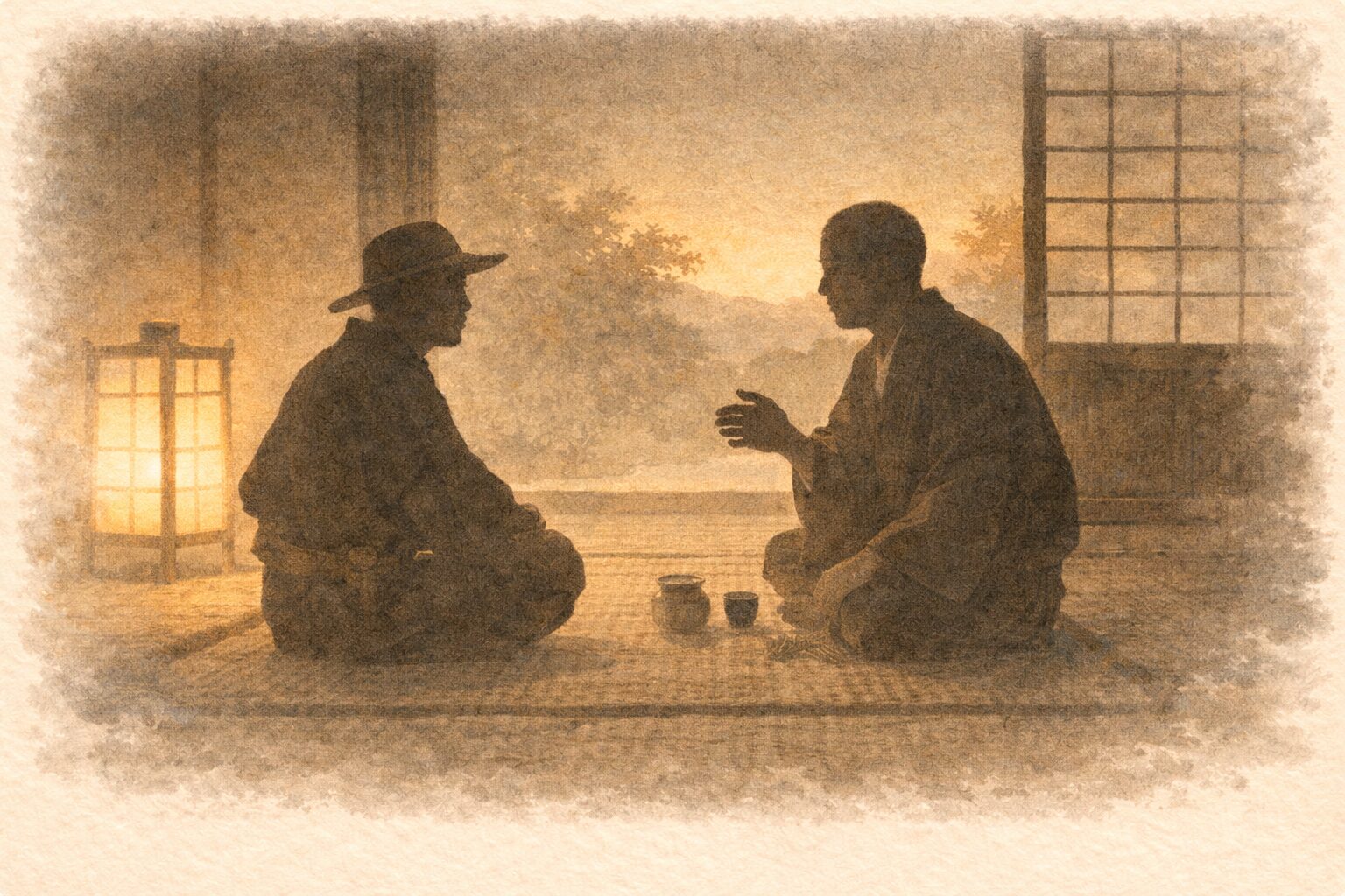 夕方の座敷で近所の旦那が定次郎に信心を勧め静かに語りかける一場面