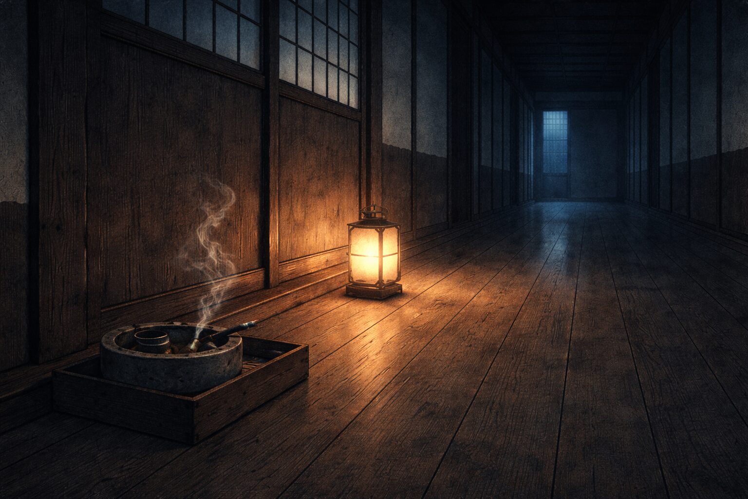 明け方の廓の廊下に片付けられない煙草盆と消えかけた灯だけが残る一場面