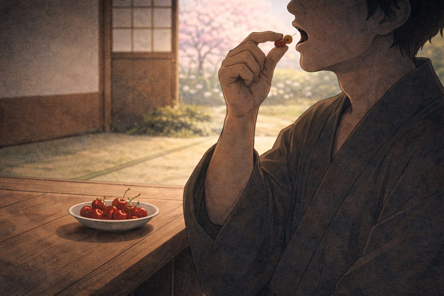 春の縁側で男が口へ運んださくらんぼの種を飲み込みかける一場面