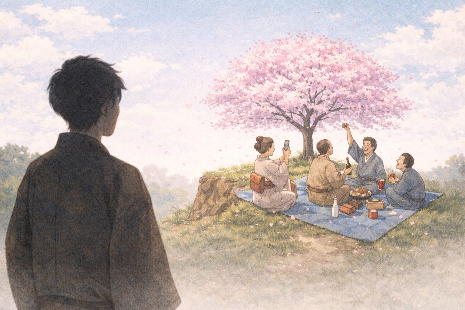 昼の頭上に咲いた桜へ人々が集まり花見でにぎわう滑稽な一場面