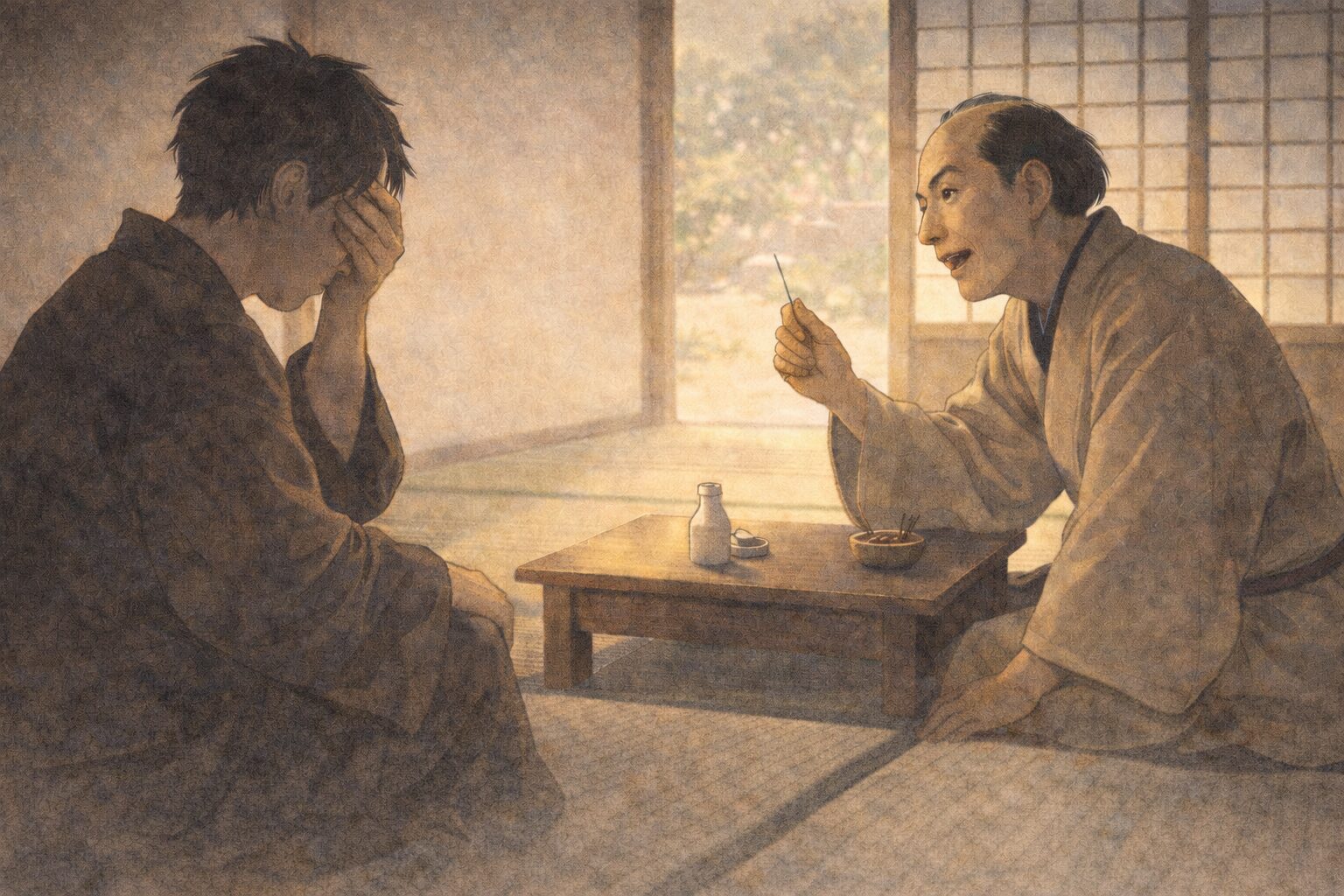 昼の町医者の座敷で男が目元を押さえ鍼医者がもっともらしく身を乗り出す一場面