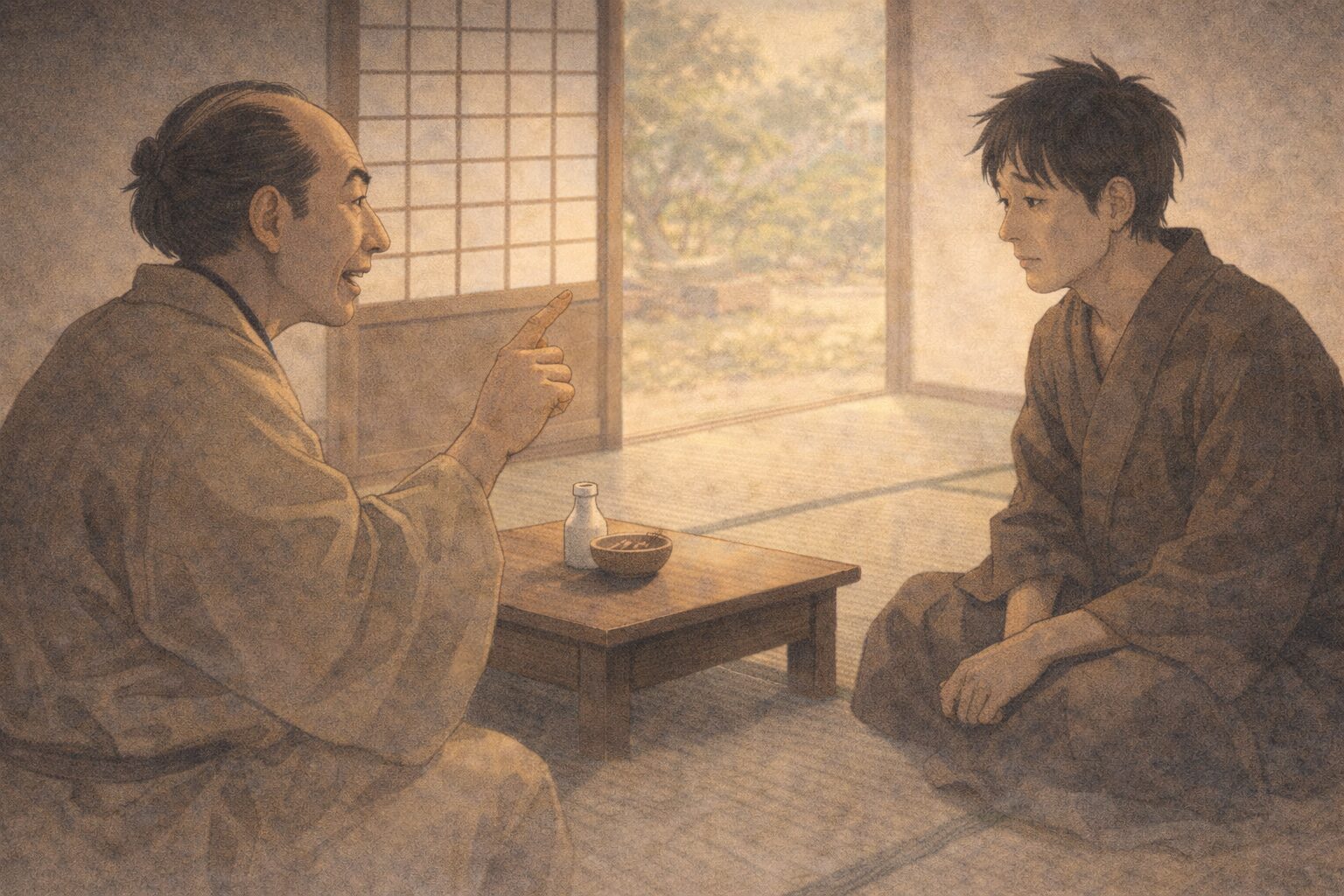 午後の室内で鍼医者と男が向かい合い医者の説明に男が困惑しながら聞き入る一場面