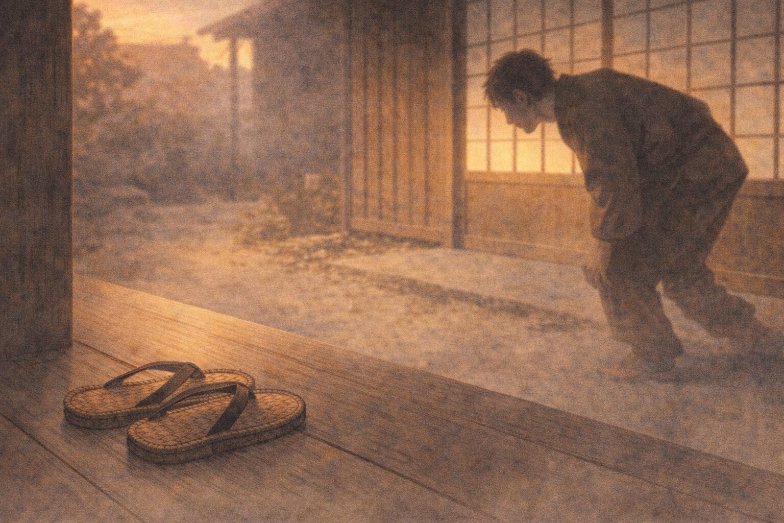 夕方の縁先に置かれた草履のそばで男が思わず犬のように反応しそうになる余韻の一場面