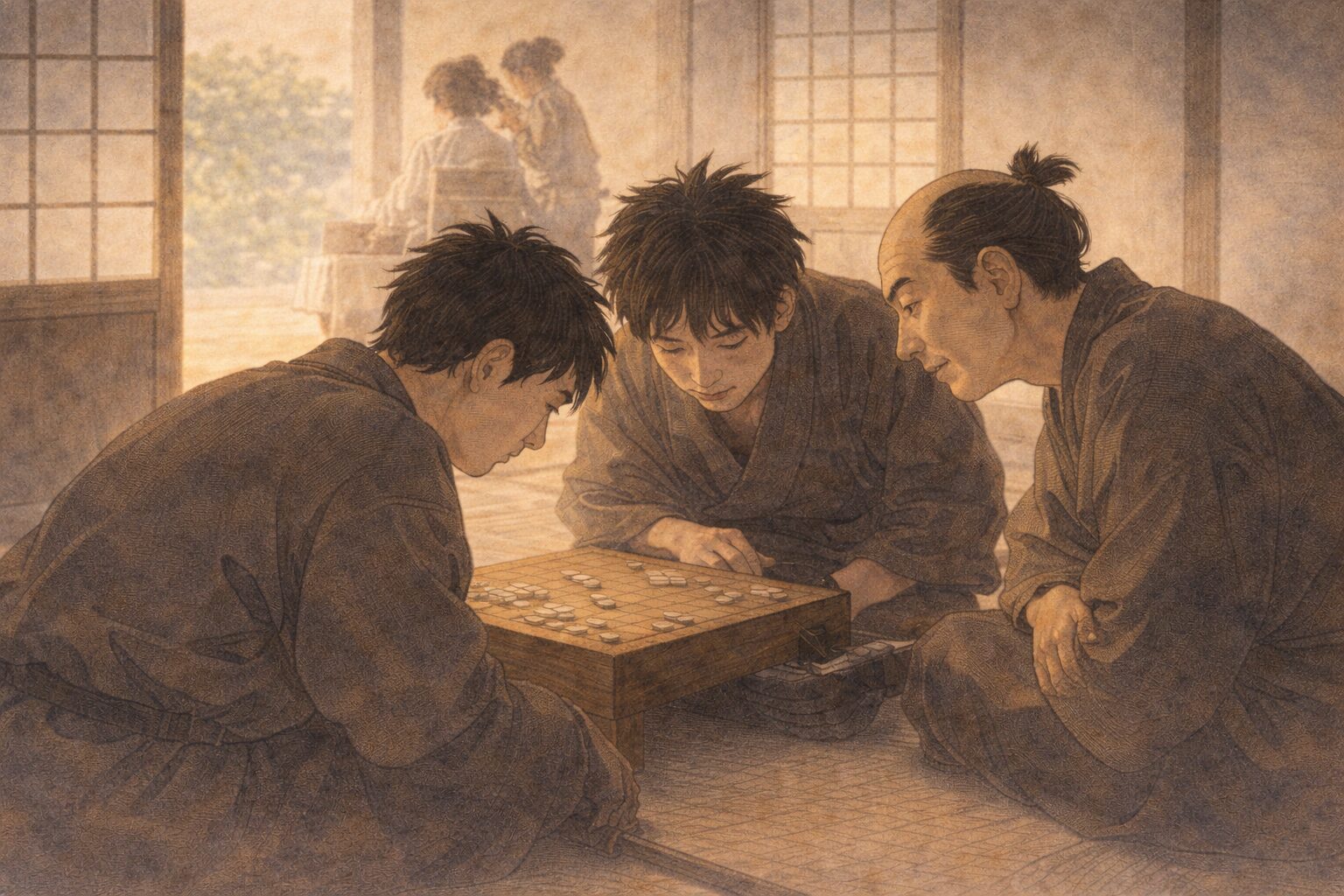 昼の髪結い床で若い衆が順番待ちをしながら将棋盤をのぞき込む一場面