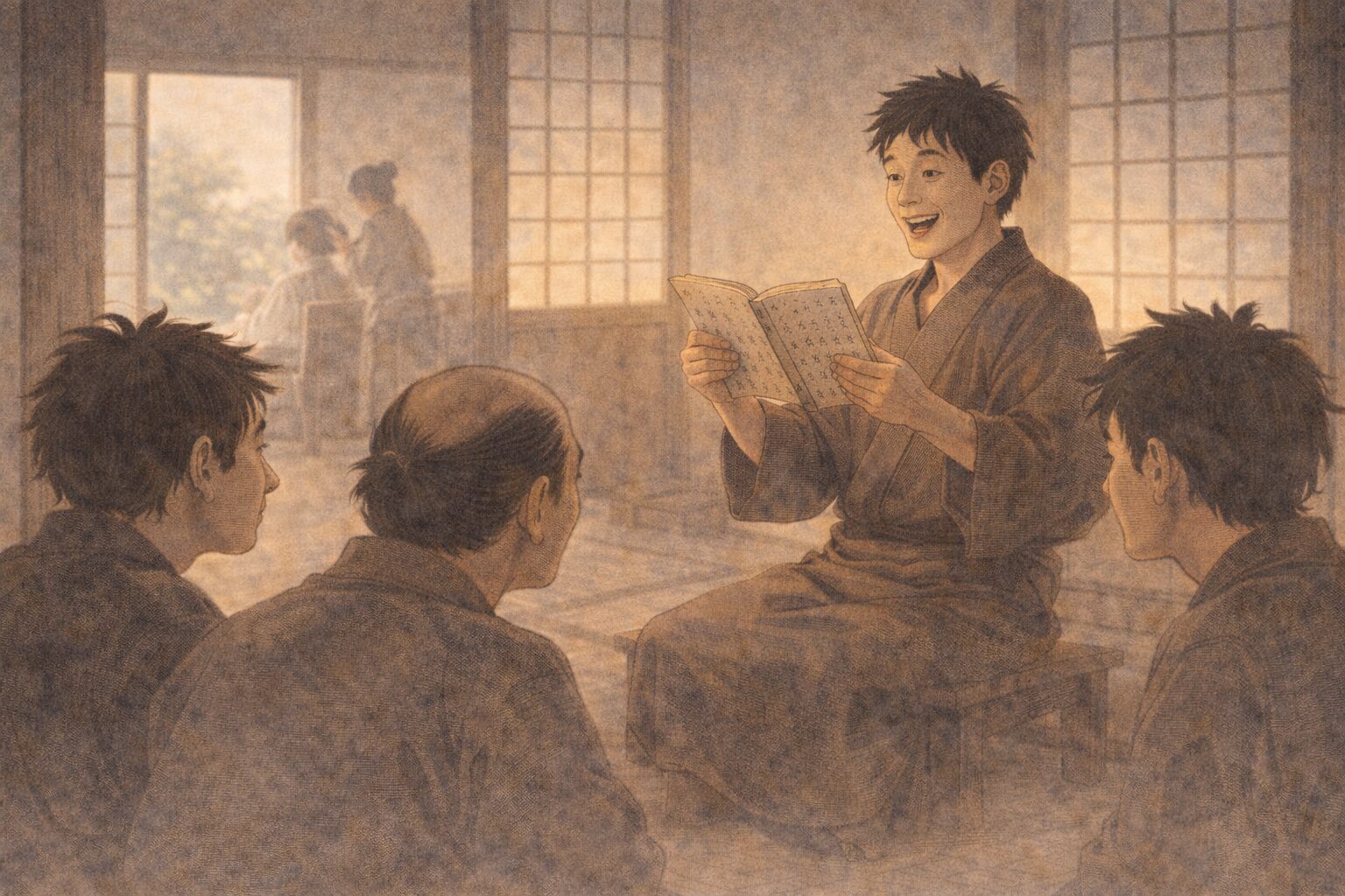 午後の床屋の奥で講釈本を得意げに読む男をまわりが半信半疑で見守る一場面