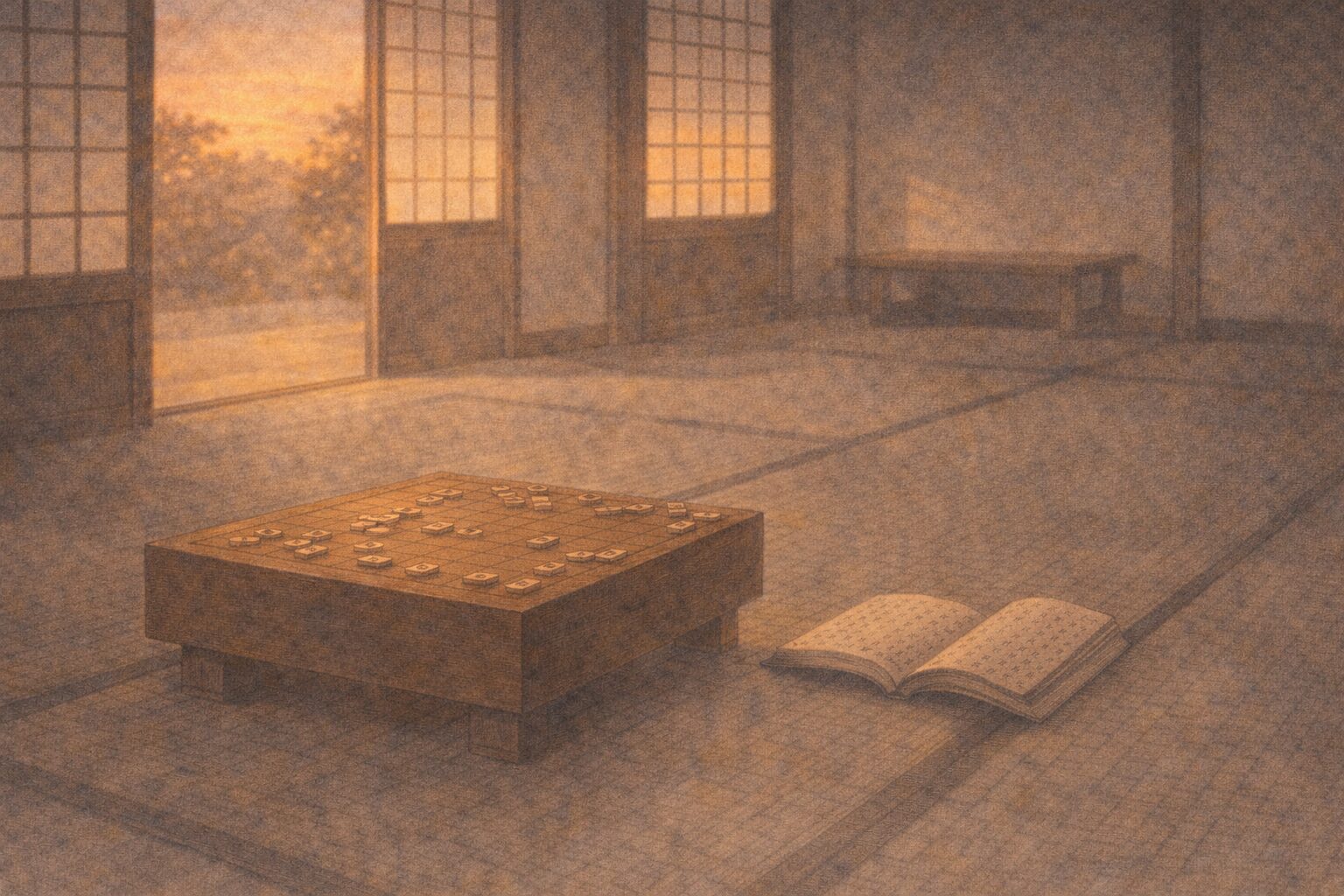 夕暮れの髪結い床に将棋盤と読みかけの本だけが残る静かな一場面