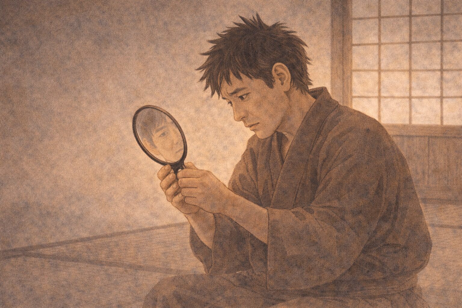 昼の座敷で男が小さな鏡を手に取り不思議そうにのぞき込む一場面