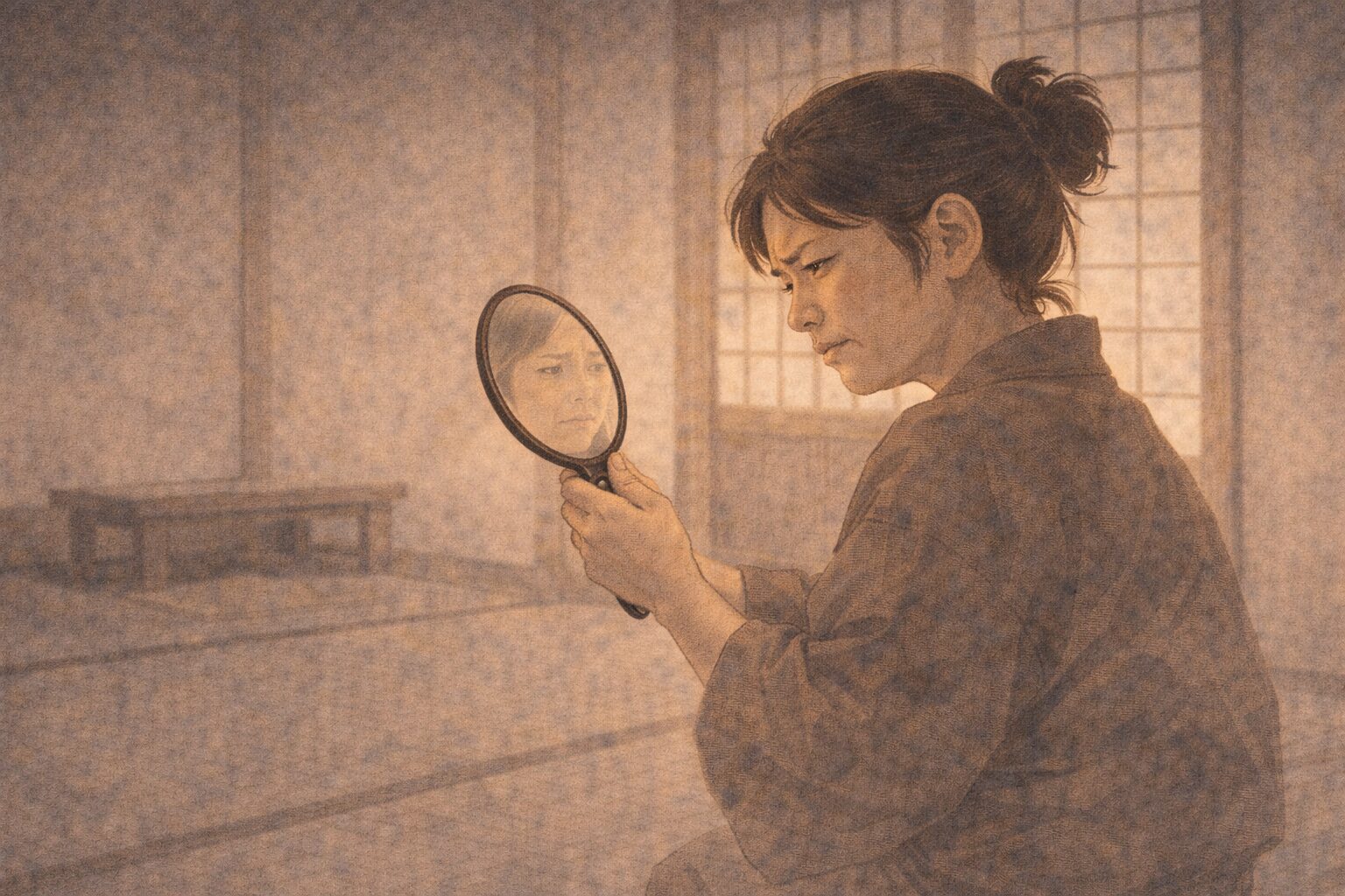 午後の室内で女房が鏡をのぞき込み不機嫌そうに身を引く一場面