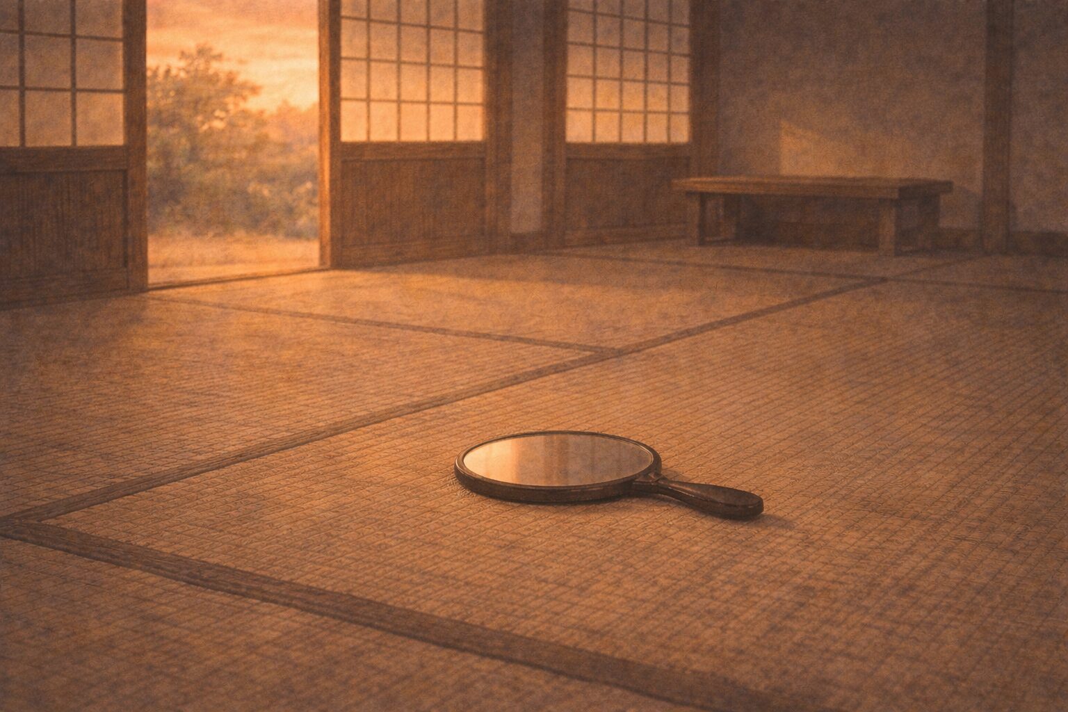 夕暮れの座敷に伏せて置かれた鏡だけが残る静かな一場面