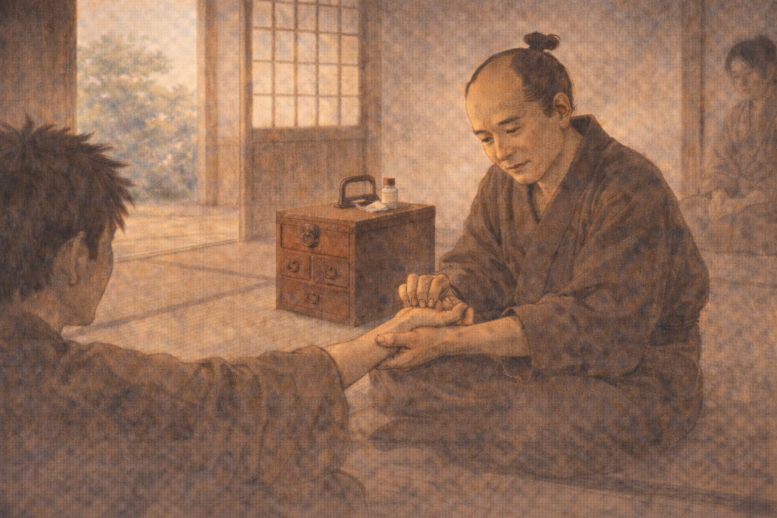 昼の農家の座敷で藪医者が薬箱を前にもっともらしく脈を取る一場面
