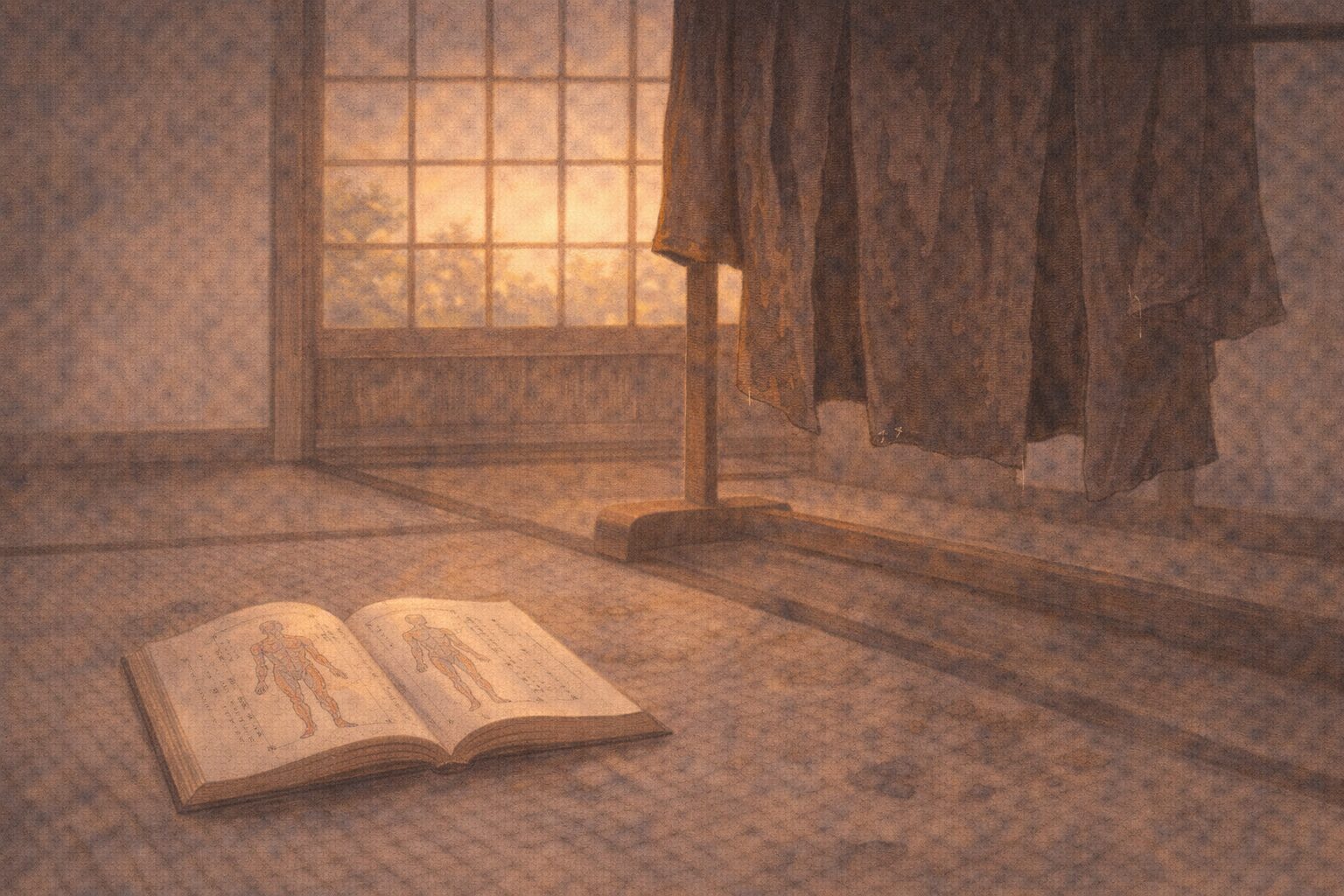 夕暮れの医者の家で濡れた着物のそばに医学書だけが開かれた一場面