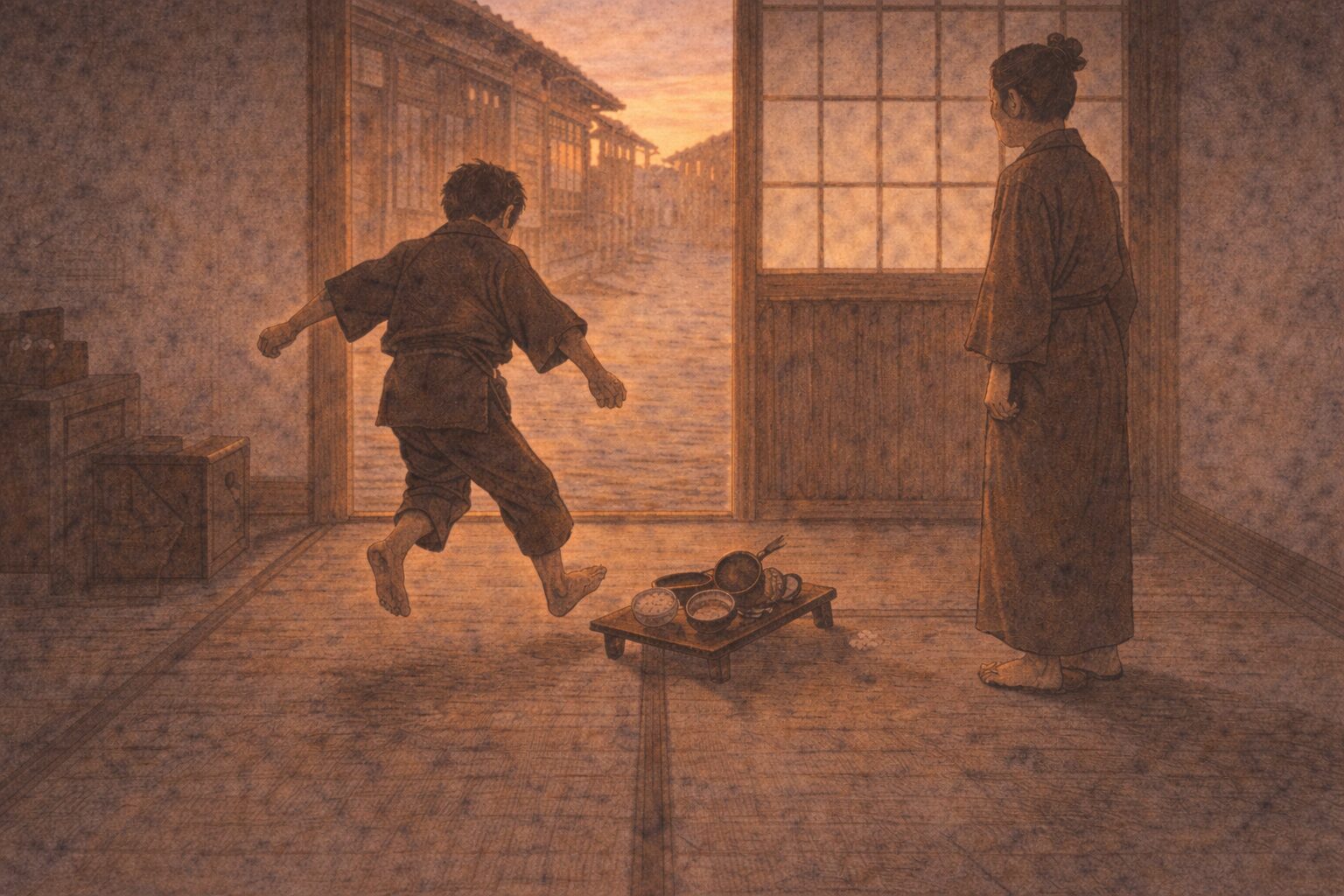 夕方の長屋で少年の清吉が膳を蹴って飛び出し継母が立ち尽くす一場面