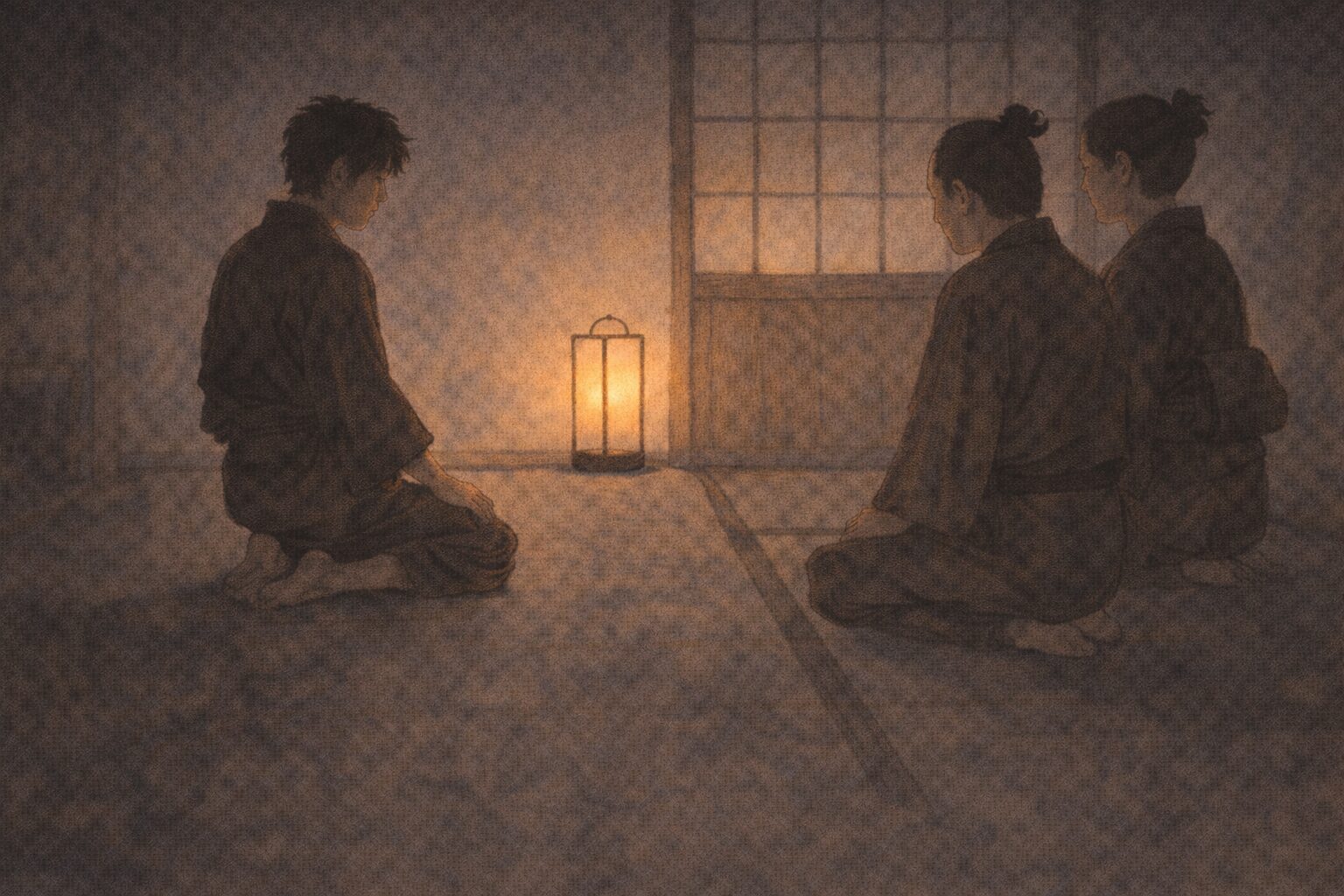 夜の座敷で成長した清吉が勘当を願い父母が息を詰めて聞く一場面