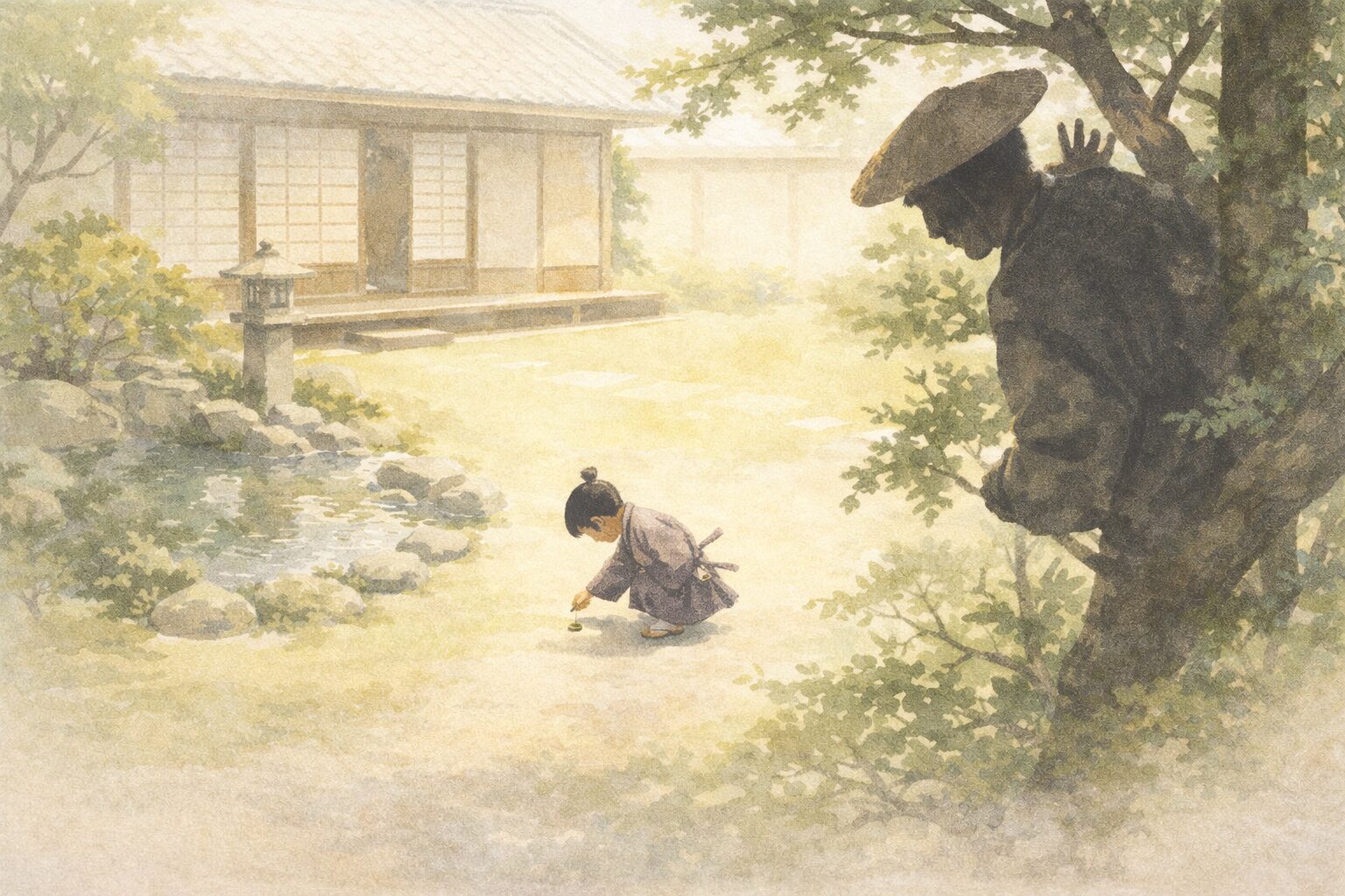 昼の武家屋敷の庭で若様が穴あき銭を拾い植木屋が木の上から驚いて見る一場面
