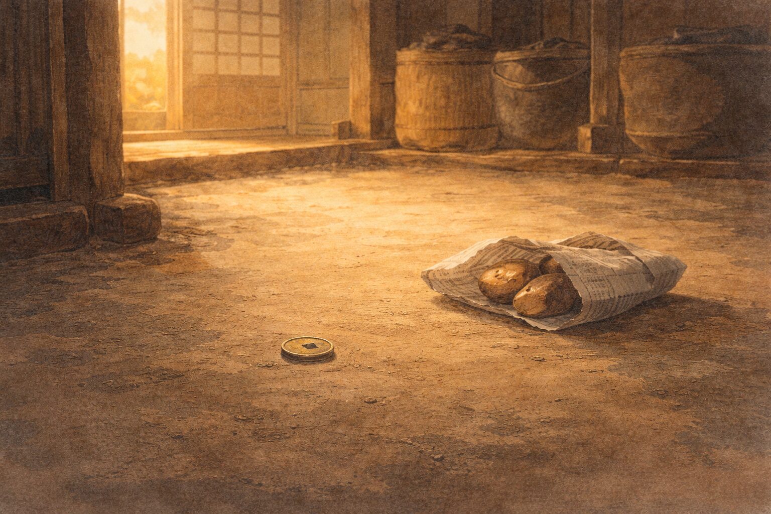 夕暮れの長屋の土間に穴あき銭と焼き芋の包みだけが残る一場面