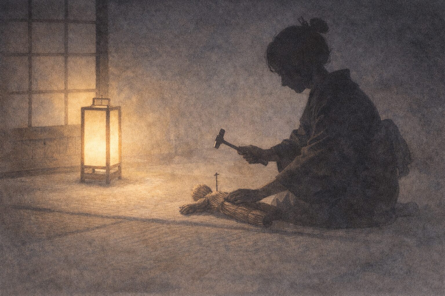 夜の座敷で本妻が藁人形に釘を打ち込み行灯の光が揺れる一場面