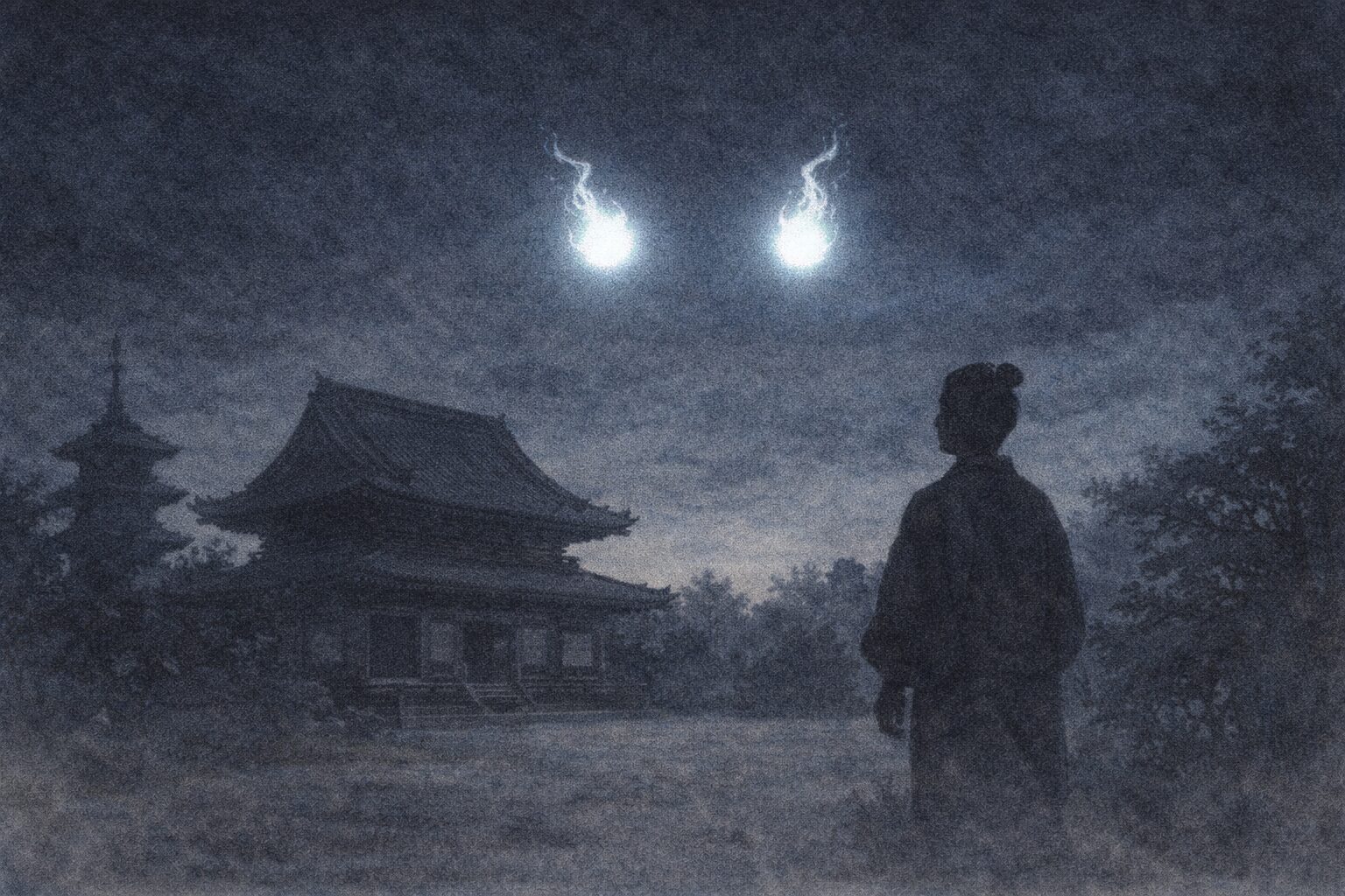 深夜の寺の上空で二つの火の玉が向かい合い遠くで旦那が見上げる一場面