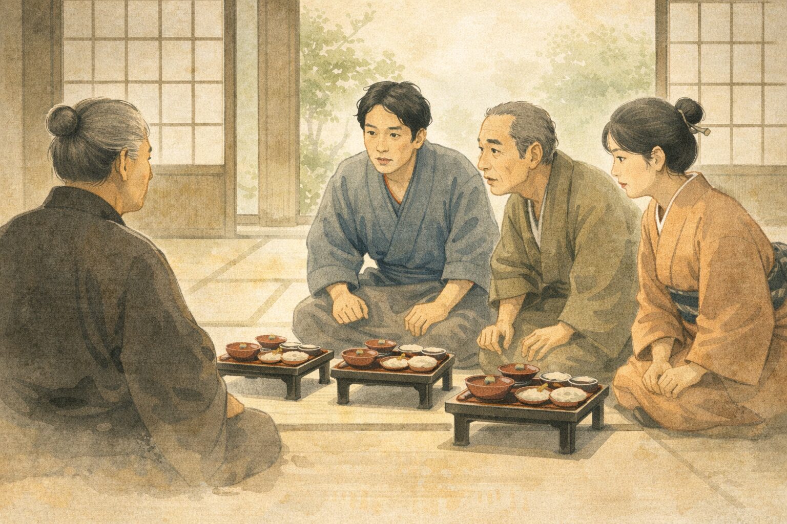 昼の座敷で村人たちが手習いの師匠を囲み本膳の作法を必死に聞く一場面