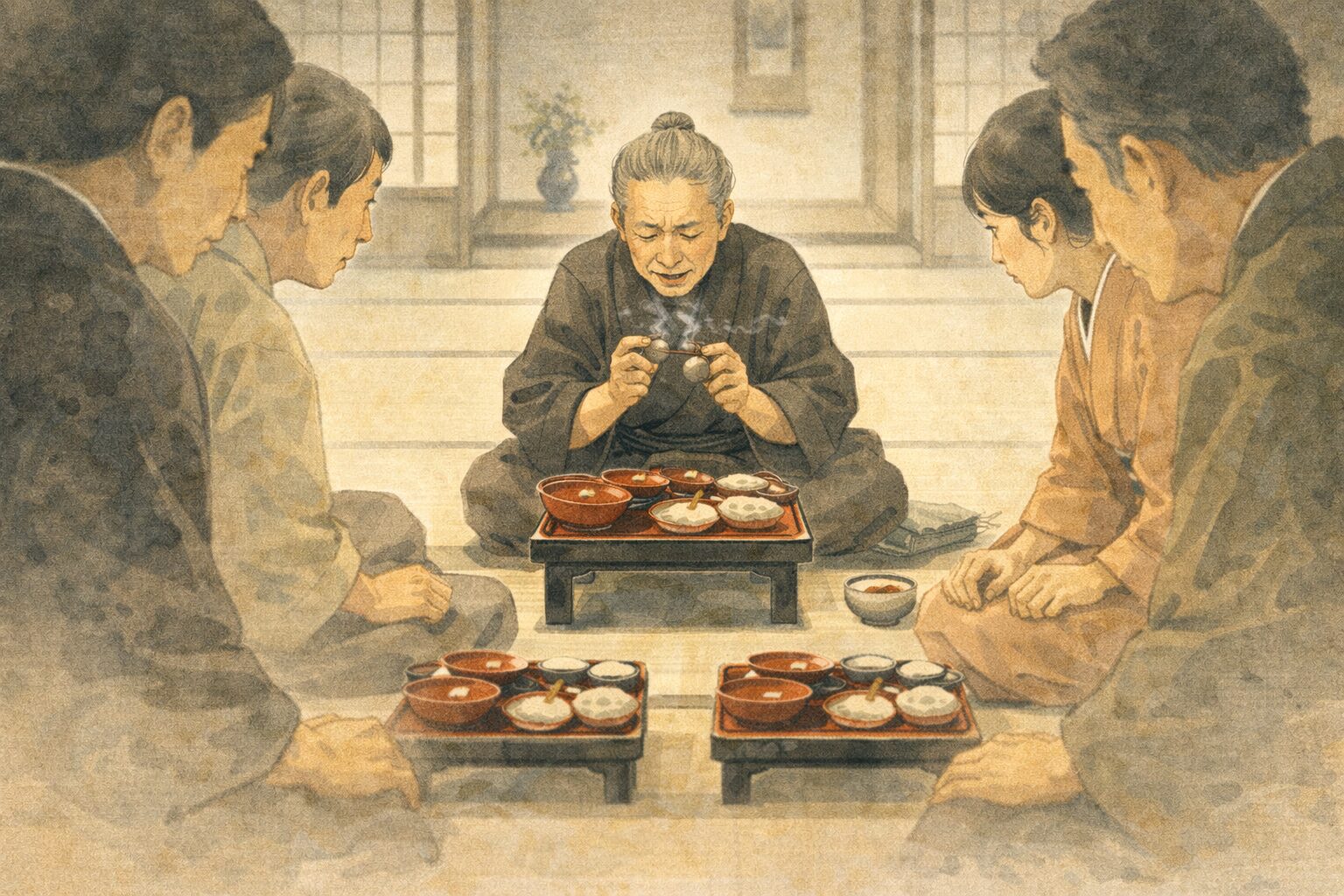 祝言の席で師匠が膳を前に里芋の熱さに困りまわりの村人たちが身構える一場面