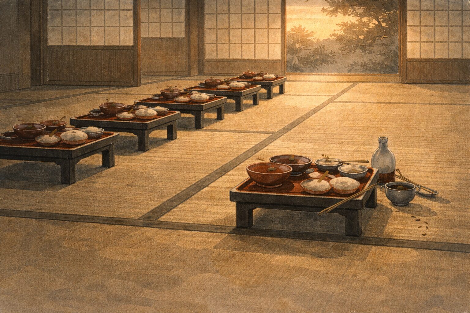 夕暮れの祝言座敷に並んだ膳だけが残り一番端の席が少し乱れている一場面
