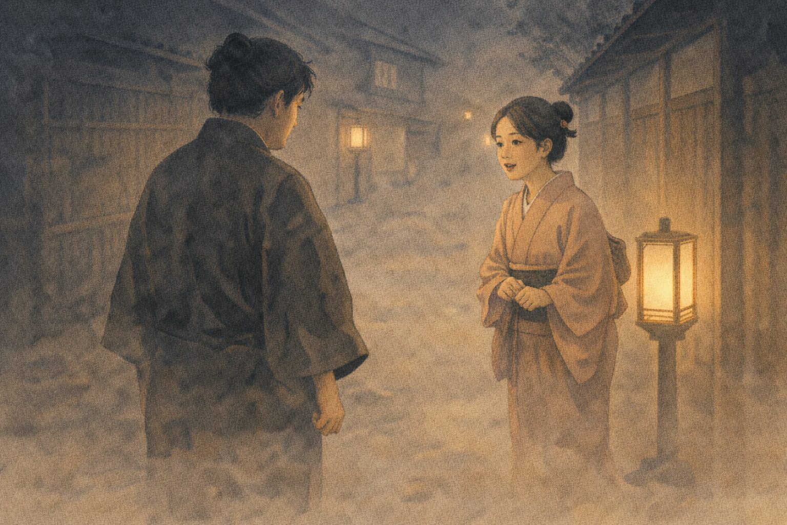 夜の路地で締め出された半七が偶然会ったお花に声をかけられる一場面