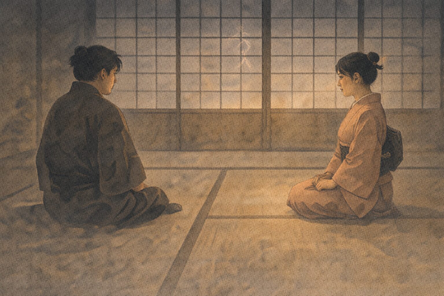 二階の座敷で半七とお花が距離を取りながらも意識し合う一場面