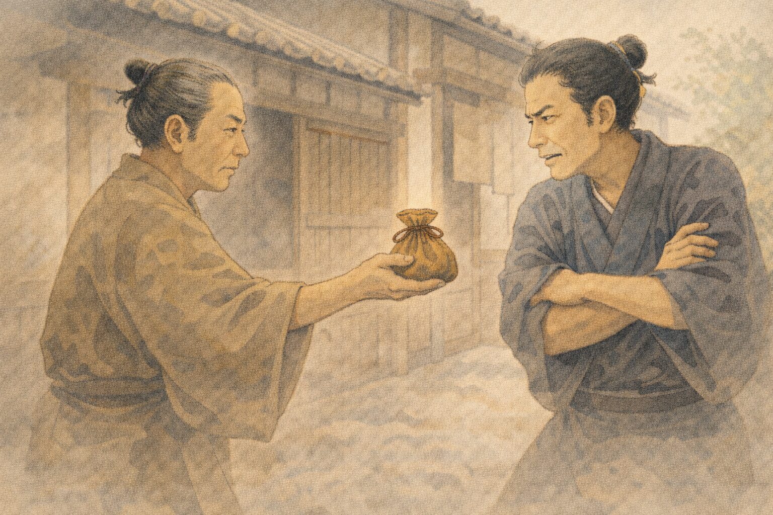 昼の長屋で左官が拾った財布を差し出し大工が意地を張って受け取らない一場面