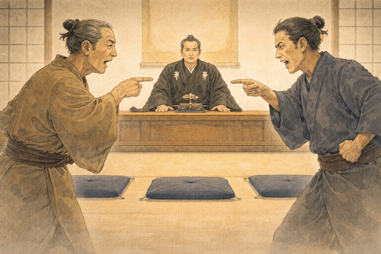 奉行所の白洲で大岡越前の前に大工と左官が並び互いに譲らず言い張る一場面