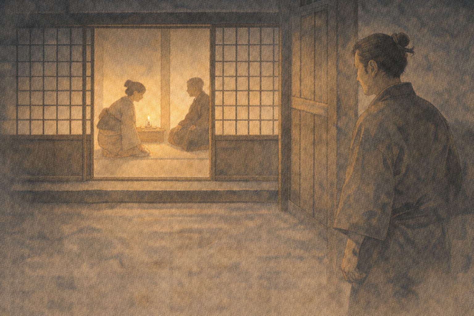 座敷の奥で女房が客を迎え亭主が外で落ち着かず立ち尽くす一場面