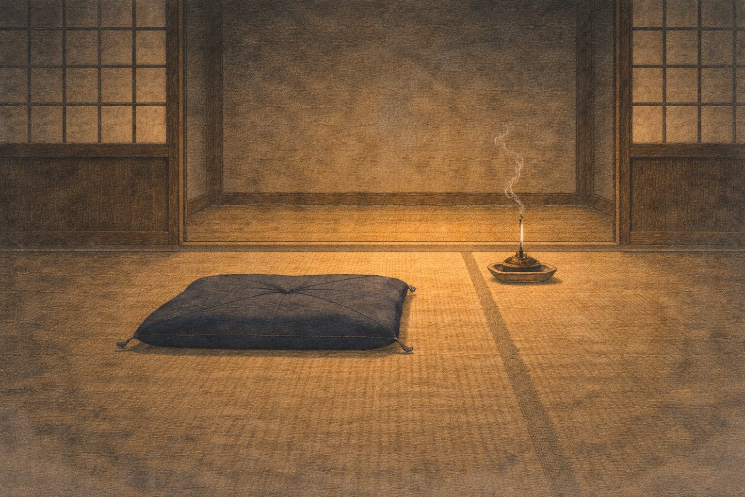 夜更けの二畳間に消えかけた線香と座布団だけが残る一場面