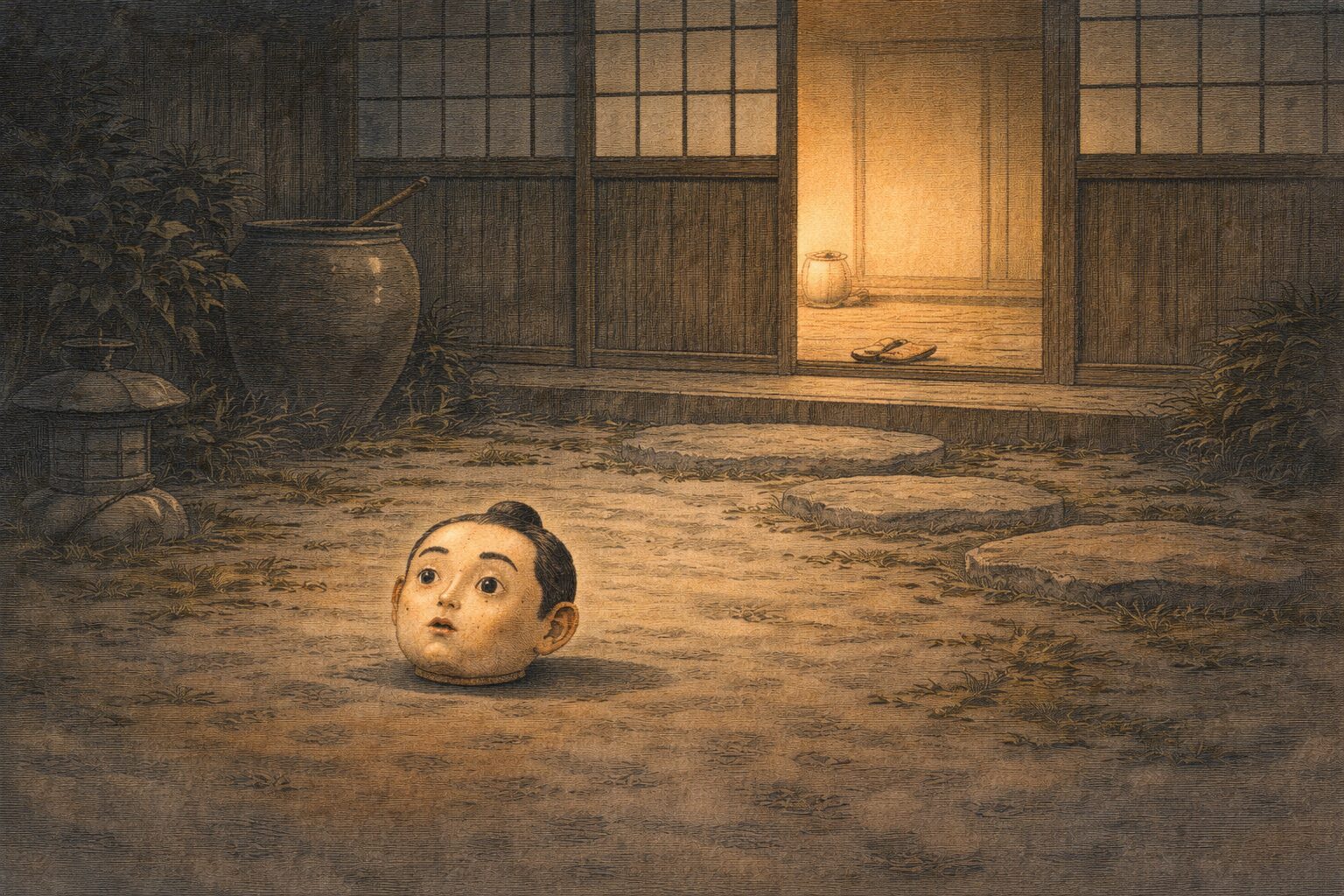 夜更けの庭先に張り子の首だけが転がり戸口が開いたままの一場面